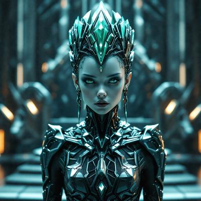The primary subject of the image is a woman wearing a futuristic, metallic costume. She is standing in front of a large, ornate building with a green roof. The setting appears to be a futuristic cityscape, with the woman as the main focus. The visual style of the image is digital art, with the woman's costume and the building's design being intricately detailed. The colors and mood of the image are dark and mysterious, with the woman's costume
